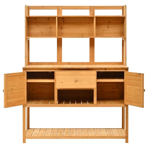 Outdoor Wooden Potting Bench Table – Farmhouse Garden Workstation with Drawers, Cabinet & Storage Shelves, Large Fir Wood Work Table for Patio, Backyard, Mudroom, Greenhouse (Light Brown, 66''H)
