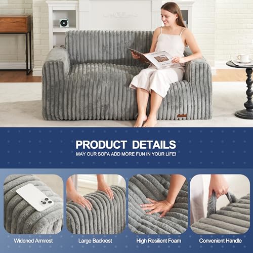 Bean Bag Chairs for Adults Large Fluffy Bean Bag Sofa Two-seat BeanBag Chair with Armrest Plush Comfy Chair with Handle Foam Loveseat for Living Room, Bedroom, Apartment, Dorms(Grey, Large)