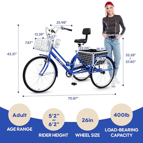 26 Inch Tricycle for Adults, 7 Speed Beach Cruiser Bike Adult Tricycles for Women Men, 3 Wheel Bikes for Adults Large Seat with Backrest, Three Wheel Bikes with Front & Rear Baskets