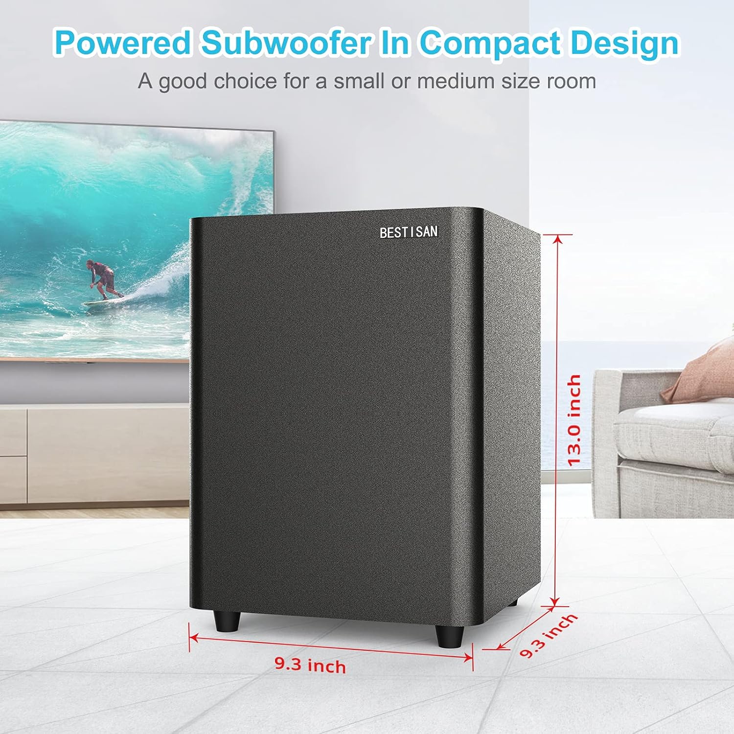 Subwoofer, BESTISAN Powered Subwoofer, Home Theater Deep Bass Subwoofer, Down Firing Sub in Compact Size, Easy Setup with Home Theater System, TV, Receiver, Speakers (RCA Cable Included, Black),SW65C