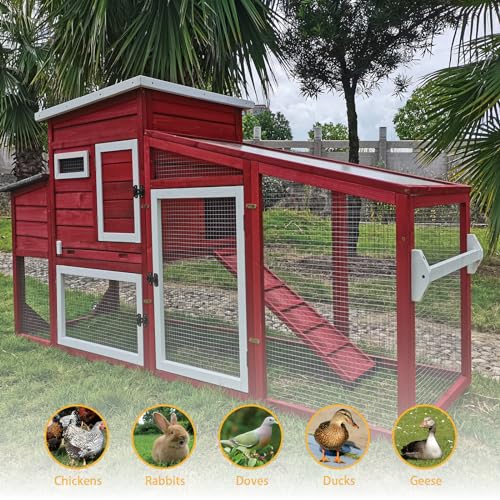 78" Wooden Chicken Coop with Nesting Wheels,Outdoor Mobile Hen House Poultry Pet House with Wheels,Removable Tray,UV Proof Asphalt Roof,Ramp Run for Backyard Garden(White/Red)