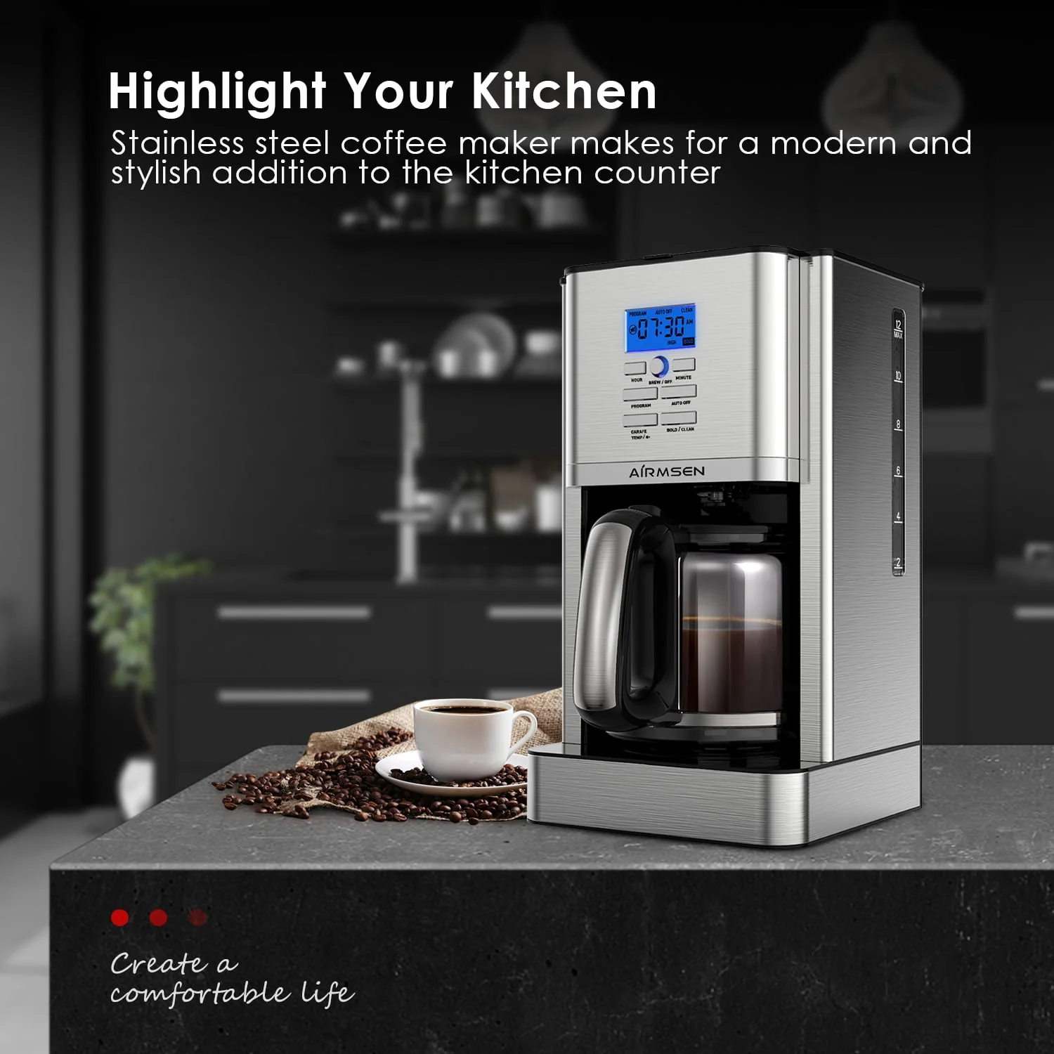 AIRMSEN Stainless Steel 12 Cup Drip Coffee Maker, Programmable Coffee Machine Self-Cleaning