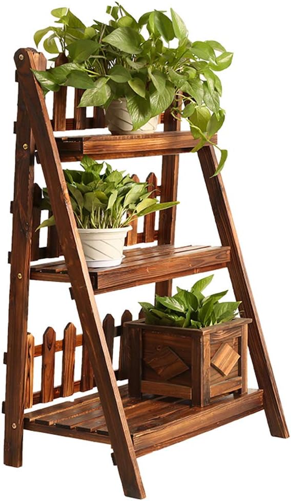 Multi-Layer Flower Shelf Plant Display Stand Ladder Potted Rack Wooden Carbonized Foldable Storage Shelves Free Standing for Indoor Outdoor Garden Decoration