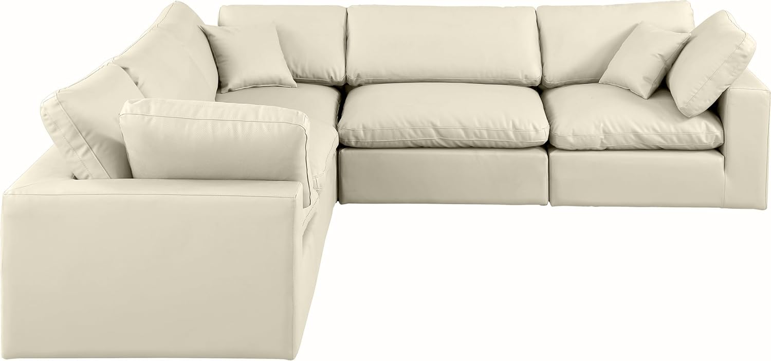 Meridian Furniture Comfy Collection Modern | Contemporary Upholstered Modular Sectional, Soft Vegan Leather, Fiber-Filled, 120" W x 120" D x 35" H, Cream