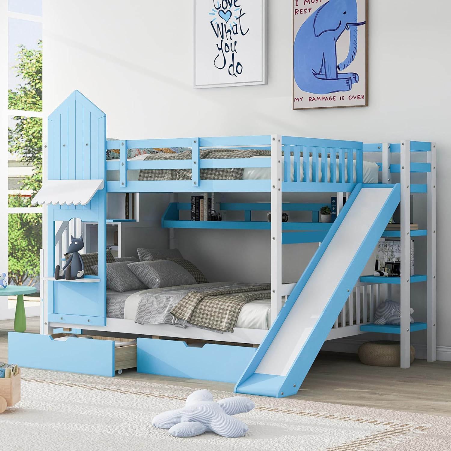 Harper & Bright Designs Full Over Full Bunk Bed with Stairs and Slide, Solid Wood Bunk Bed Frame with Storage Drawers and Bookshelf, for Kids Teens Girls Boys (Blue)