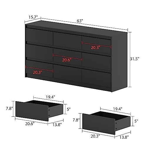 Hitow 9 Drawer Dresser for Bedroom with Deep Drawers, Large Floor Wood Dressers & Chest of Drawers Handle Free, Modern Black Long Dressers for Closet Living Room, Euro Slide (63"W x 15.7"D x 31.5"H)