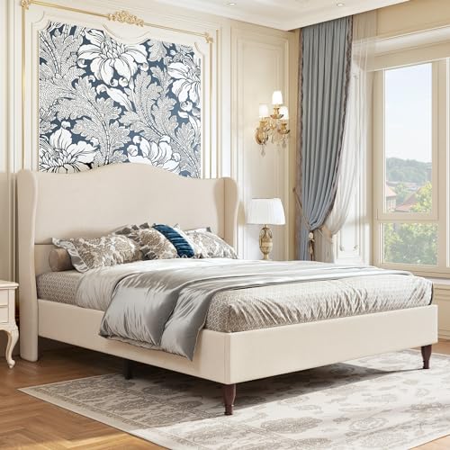 King Size Bed Frame Upholstered Platform Bed with 51" Tall Headboard Wingback, Linen Fabric, Retro Simple Style Platform Bed No Box Spring Needed, Easy Assembly, Beige