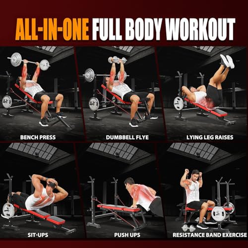 OPPSDECOR Weight Bench Set with Squat Rack, 6 in 1 600lbs Foldable Bench Press Set With Removable Leg Catch, Adjustable Incline Flat Decline Sit Up Workout Bench, Strength Training for Home Gym