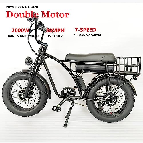 Smlro E5 Electric Retro Cargo Bicycle 2000W Dual Motor 35MPH Motorcycle Ebike 48V 18Ah AWD EBike 20" Fat Tire 7 Speed E Bike MTB Mountain City Road Snow