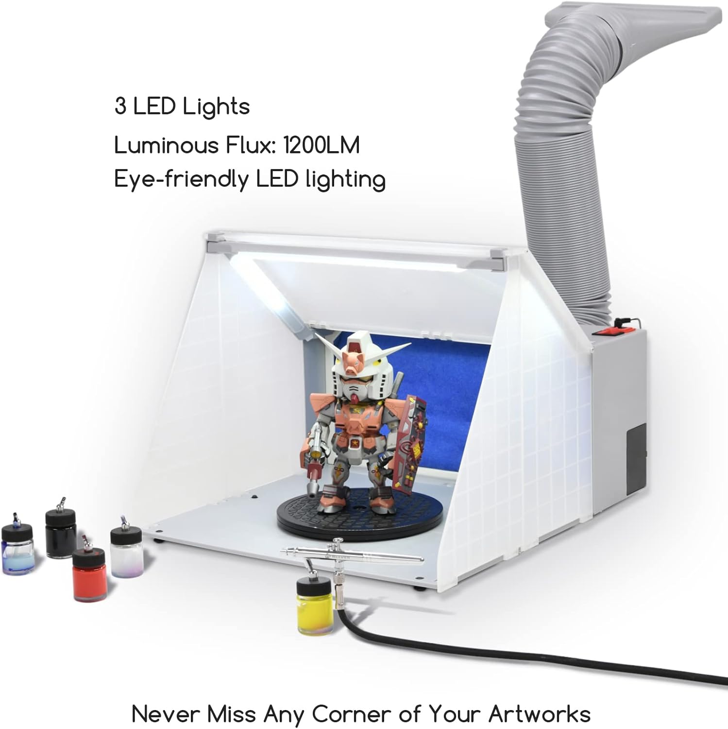 MEEDEN Airbrush Spray Booth: Air Brush Paint Booth Set with 3 LED Lights & Turn Table - Airbrush Booth Kit with Air Filter & Exhaust Hose for Model Painting