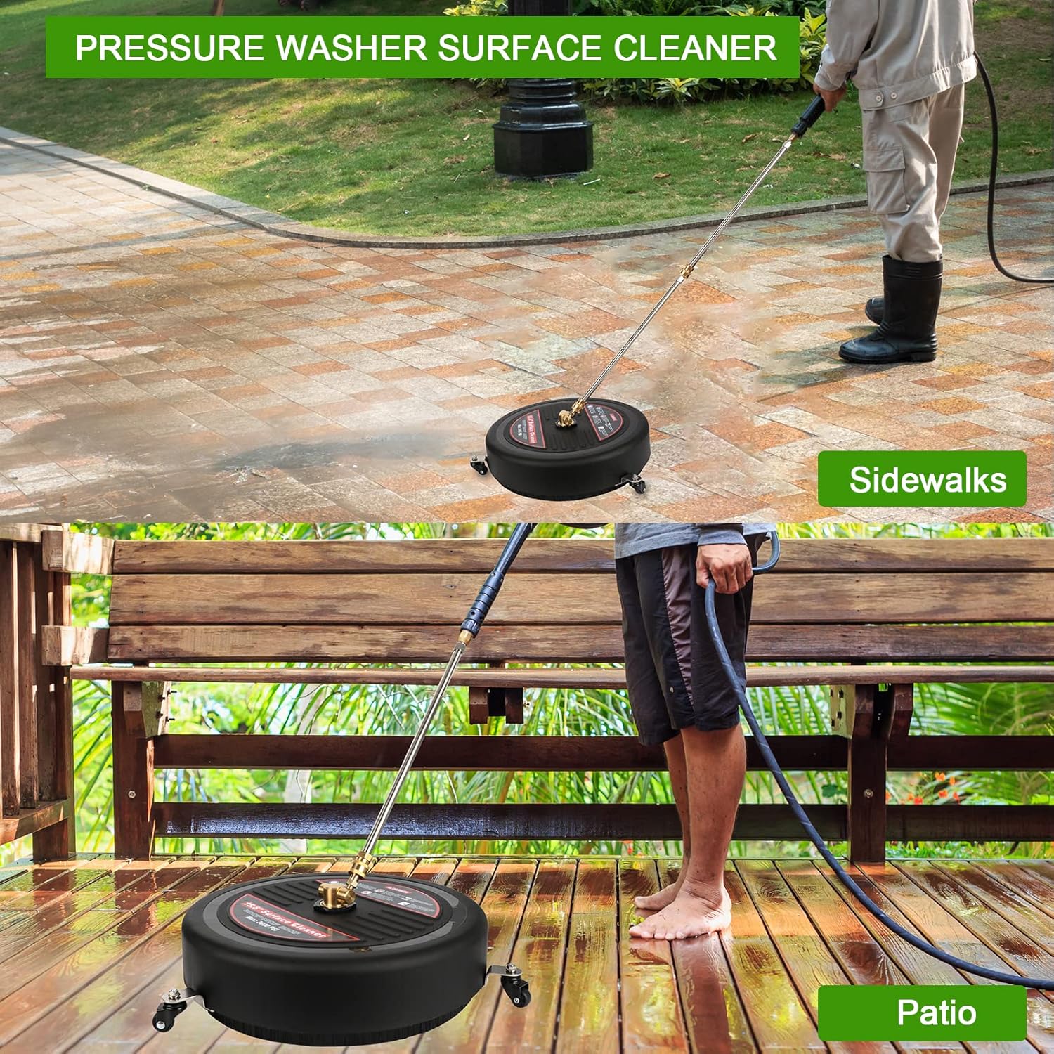 15.8'' Pressure Washer Surface Cleaner, 3600 PSI Plastic Power Surface Cleaner with 3 Wheels, 2 Extension Wands, 1/4" Quick Connection, Watertight Tape, Storage bag - for Cleaning Driveway Sidewalk