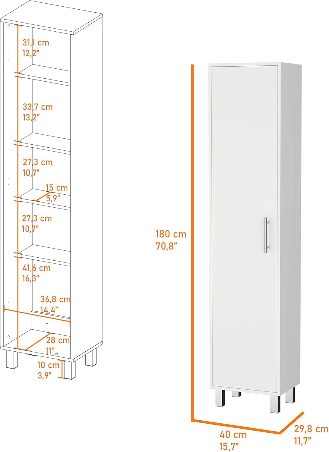 Lawen Tall Storage Cabinet, Single Door, 3 Broom Hangers,White -Kitchen