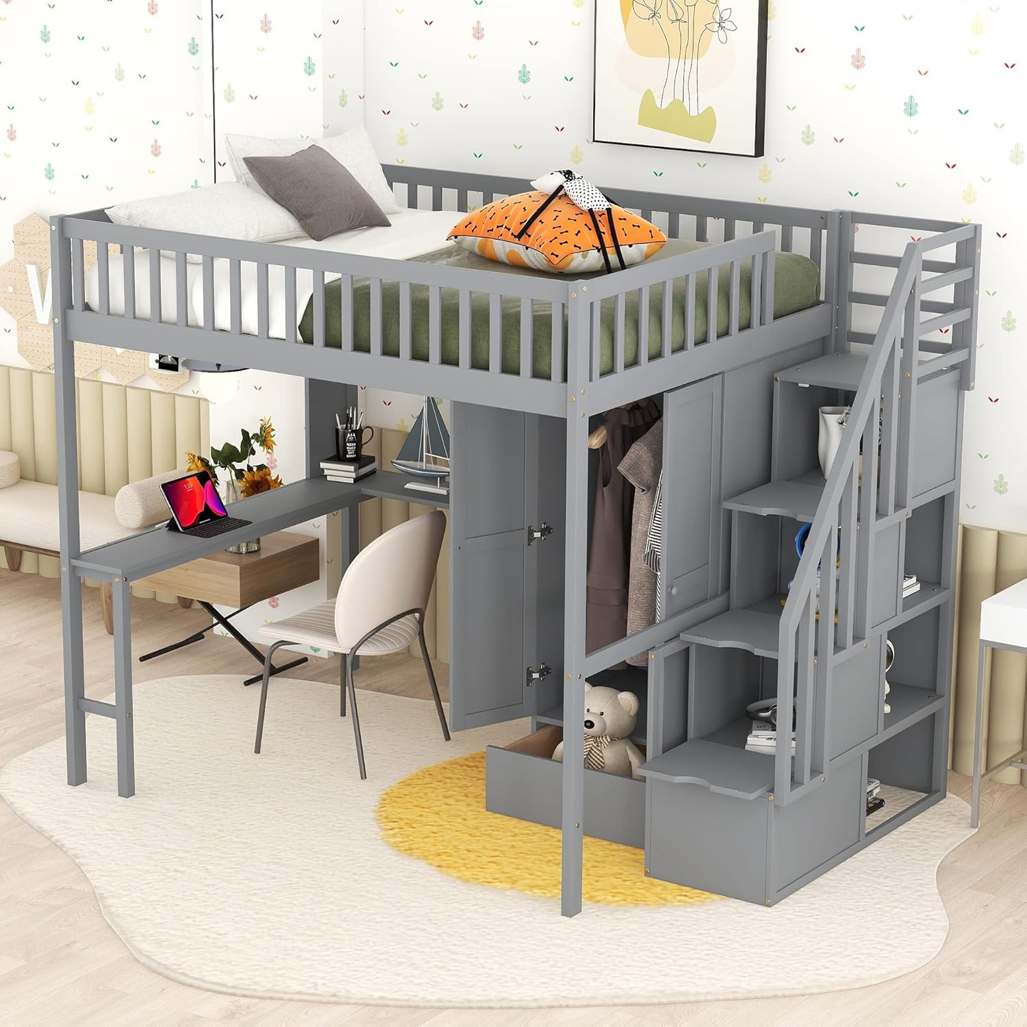 Harper & Bright Designs Full Size Loft Bed with Stairs, Desk, Bookshelf, Storage Drawers and Wardrobe, Solid Wood Loft Bed Frame for Kids Teens Adults (Gray)