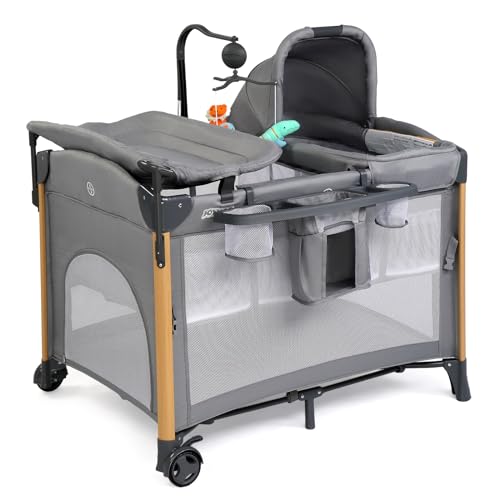 JOYMOR 7 in 1 Bedside Bassinet with Changing Table, All in One Nursery Center, Bedside Sleeper with Mattress, Sheet, Canopy, Storage Shelf and Hanging Toy,Gray