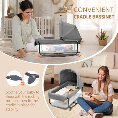 JOYMOR 7 in 1 Bedside Bassinet with Changing Table, All in One Nursery Center, Bedside Sleeper with Mattress, Sheet, Canopy, Storage Shelf and Hanging Toy,Gray