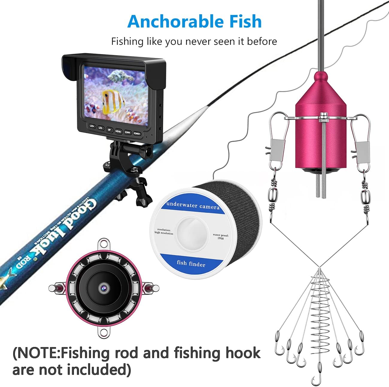 Portable Underwater Fishing Camera, 4.3 inch HD 1000TVL Color Monitor Ice Fishing Camera with 30m/98ft Cable, Waterproof IP68 Fish Finder Red IR Infrared LED Lights for Ice Sea Lake Boat Fishing