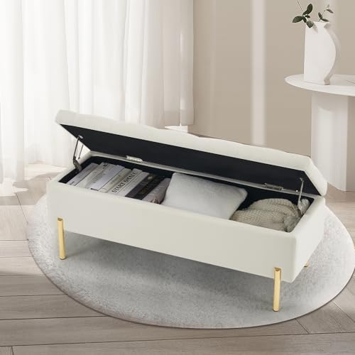 Velvet Storage Bench Ottoman with Soft Close Lid, End of Bed Bench Upholstered Fabric Storage Ottoman Bench for Bedroom Entryway Living Room, Grey