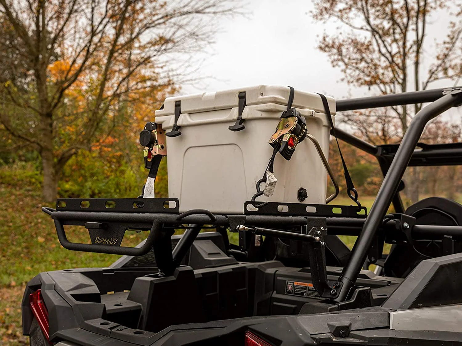SuperATV Cargo Rack Alpha for 2014+ Polaris RZR XP 1000/XP 4 1000|2016+ RZR XP Turbo/XP 4 Turbo|Doubles as a Cargo Rack and Spare Tire Carrier|Fits up to a 35" Tire|Capacity 75 Lbs.|CBS-P-RZR1K-00
