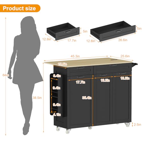 Rolling Kitchen Island with Power Outlet & Drop Leaf, Kitchen Island Cart with Trash Storage Cabinet,Kitchen Rolling Island with Spice Rack & Towel Rack, Knife Holder, Mobile Island Table for Kitchen