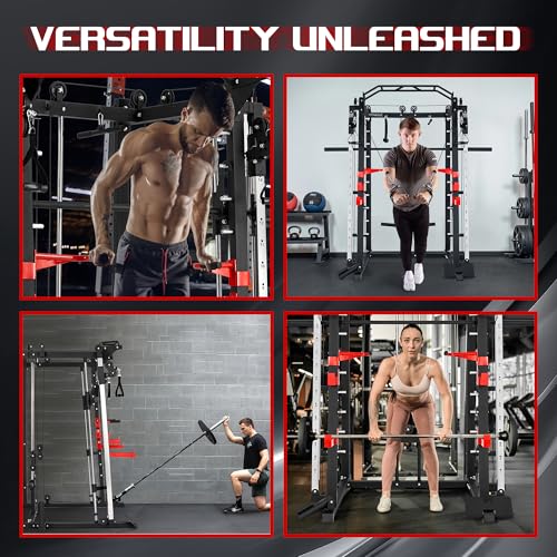 Smith Machine Home Gym with Cable Crossover, All-in-ONE Trainer Power Cage Smith for Strength Training