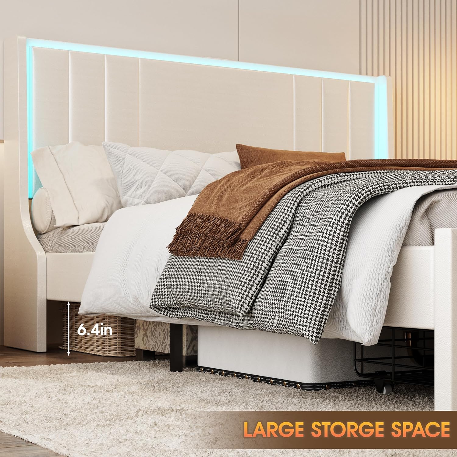 Vabches Queen Size Bed Frame with LED Light and 2 Hidden Storage Drawers with Leather Upholstered Headboard and Charging Station, Supported by Wooden Slats, Noise-Free, No Springs Needed, White
