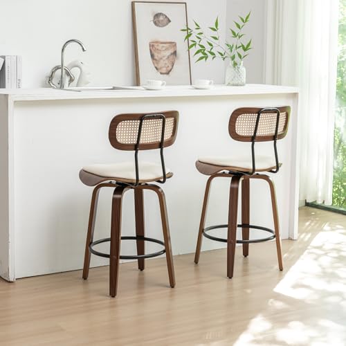Rattan Bar Stools Set of 2,Counter Height Bar Stools,Swivel Bar Stools with Back,Counter Stools for Kitchen Island,Leather Bar Chairs with Wood Legs,Mid Century Modern Bar Stools,Beige