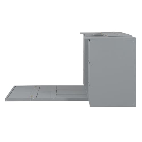 Merax Murphy Bed Full Size with Storage and High Stool, Floor Bed Frame with Drawers, Cabinets & USB Ports, for Guest Room, Home Office, White