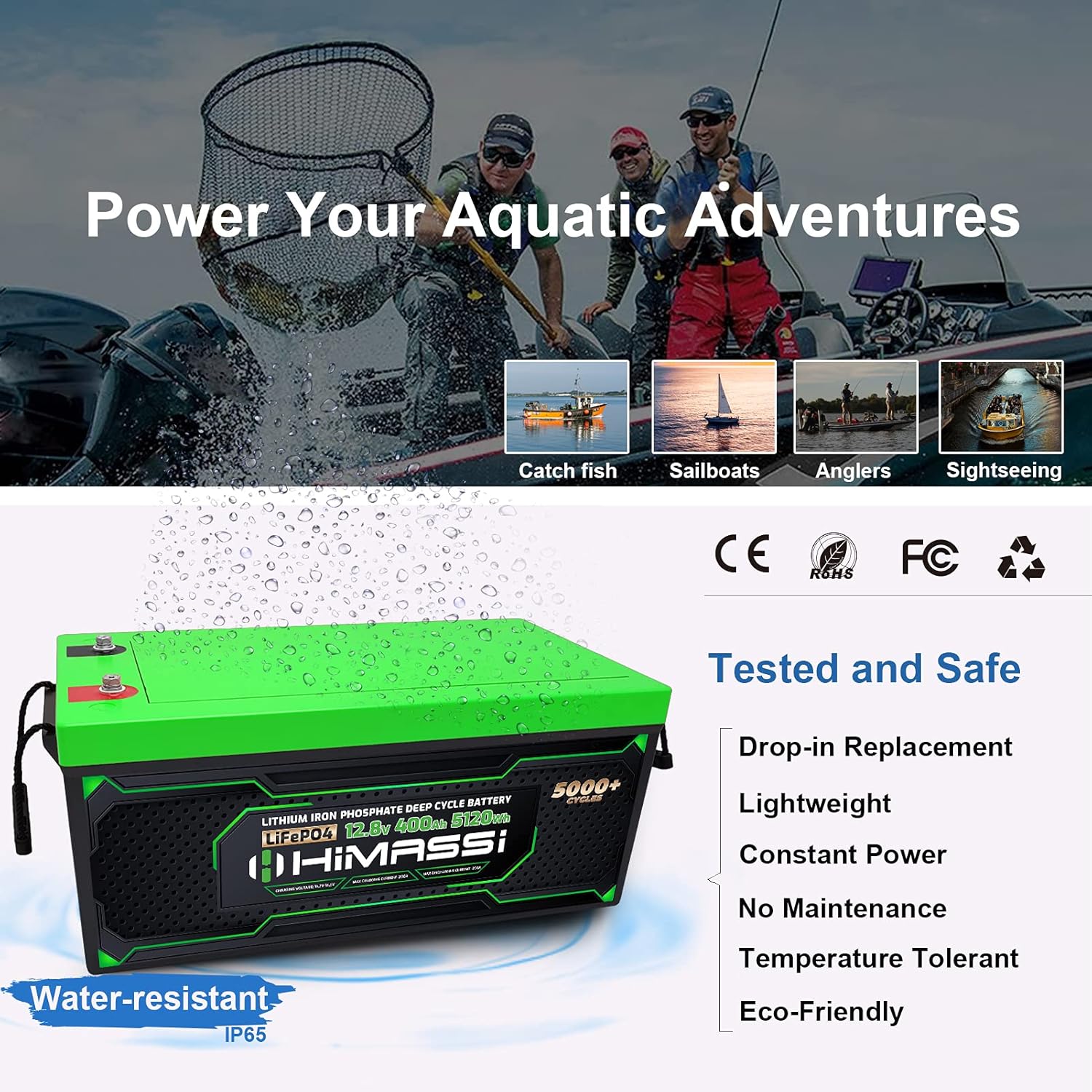 LiFePO4 Battery, 12V 400Ah Lithium Battery, Built-in 250A BMS, Lithium Ion Battery for Trolling Motor, Solar, Marine, RV Car, Camper, Home Storage, Off-Grid System
