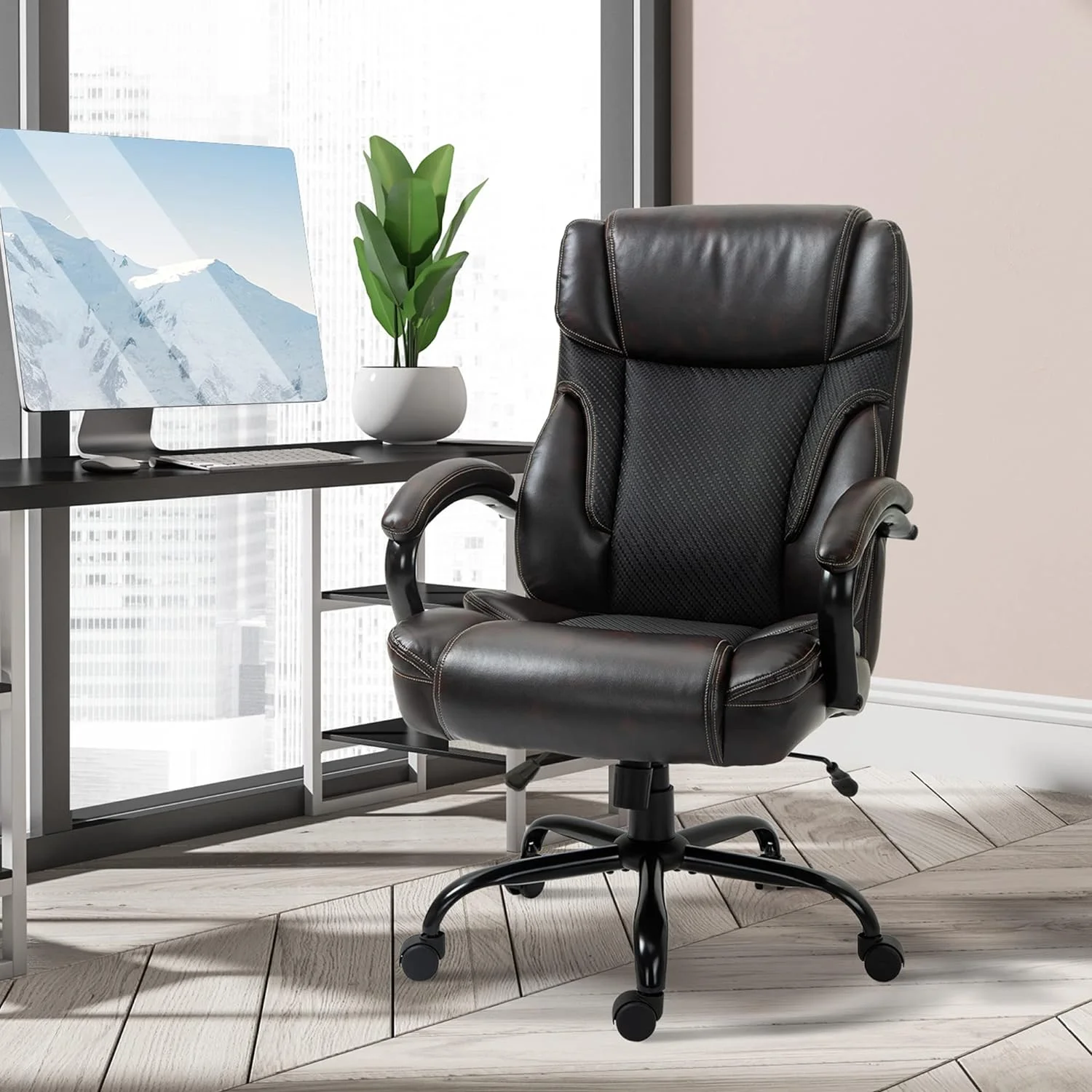 484LBS Big And Tall Ergonomic Executive Office Chair With Wide Seat, High Back Adjustable Computer Task Chair Swivel PU Leather, Brown