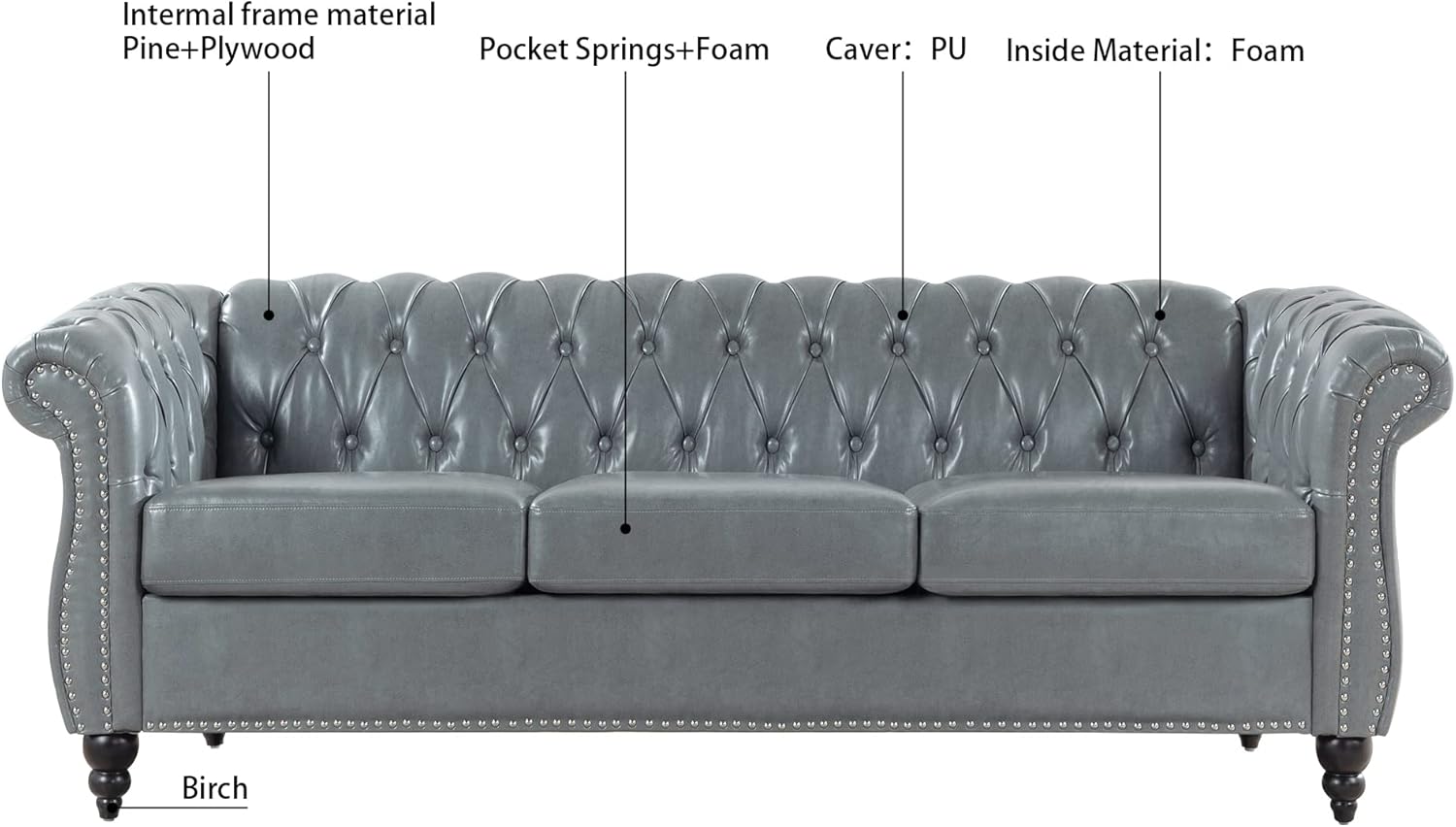 3-Seaters Living Room Clasic Chesterfield Sofa Couch Button Tufted PU Leather Upholstered Sofa&Couch with Luxury Roller Armrest Soild Wood Legs Movable Cushions & Nailhead Decor