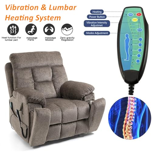Light Grey Recliner Chair for Elderly | Tall and Big Man 400lbs | Chenille | Power Lift, Lay Flat, Stand Up, Wireless Charging Device, Extended Footrest, Massage Heat, Cup Holder, Lumbar Pillow