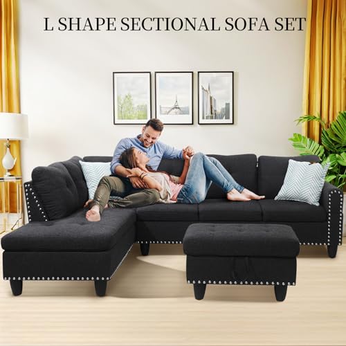 L Shaped Sectional Couch with Recliner, Modern Sleeper Sofa with Movable Storage Ottoman, Stylish Living Room Furniture Set with 2 Cup Holders and 2 Pillows for Home, Charcoal Grey