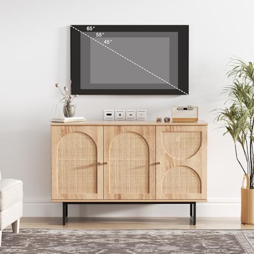 Storage Cabinet with 2 Arched Rattan Doors, Natural Style Rattan Sideboard Buffet Cabinet with Storage, Boho Entryway Table Console Credenza TV Stand for Living/Dining Room, Kitchen, Hallway