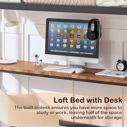 VECELO Metal Loft Bed Twin Size, Heavy Duty Bedframe with Removable Ladder and Safety Guardrail, Space-Saving, Noise Free, No Box Spring Needed, Off White