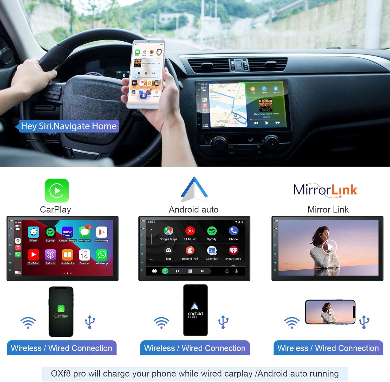 Double din Car Stereo Built in Wi-Fi for Wireless CarPlay Android Auto Mirror Link, 10.1 IPS Touchscreen Car Radio, Head Unit Support Bluetooth 5.0 AHD Backup Camera USB RDS Mic SWC AOLVO OXf8