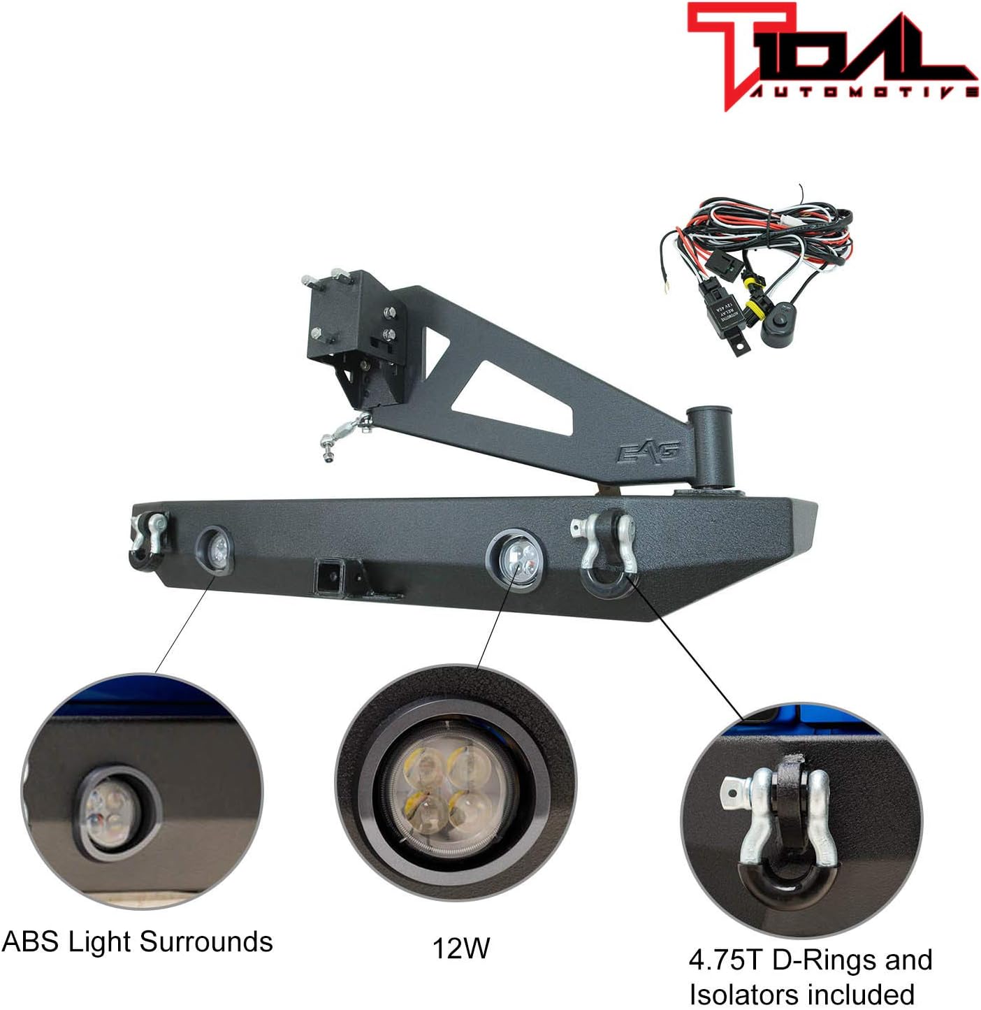Tidal Rear Bumper & Spare Tire Rack & Hitch Receiver W/2 LED Lights Compatible with 2007-2018 Wrangler JK