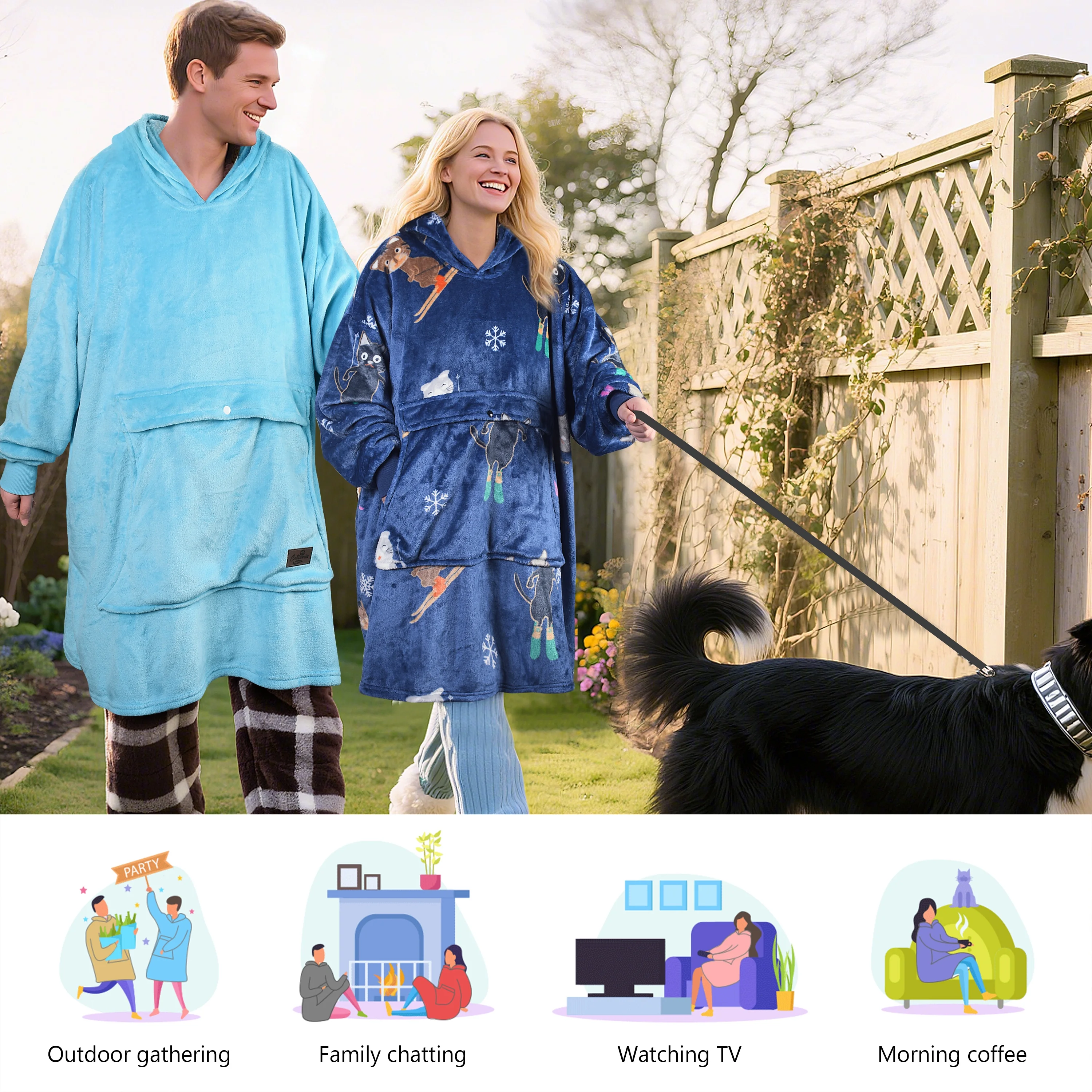 Catalonia Comfy Big Sweater Hooded Blanket Sweatshirt, Super Soft Warm Fleece Pullover for Adults, Blue