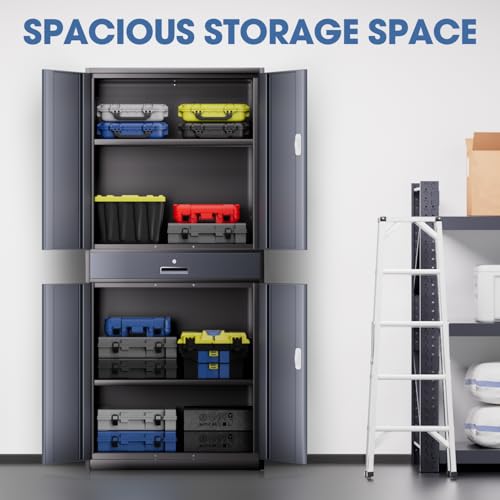 DNA MOTORING 71'' Metal Storage Cabinet, Locking Tool Cabinet with 1 Drawer and Adjustable Shelves, Lockable Heavy Duty Metal Locker for Garage,Office,Home,Gym, Gray, TOOLS-00629-GY-GY-A
