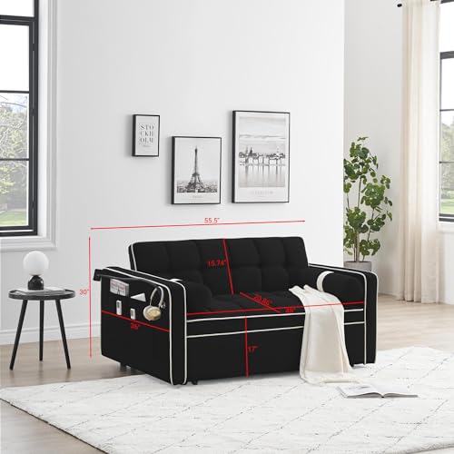 LUMISOL Convertible Couch with Pullout Bed, 3 in 1 Sleeper Sofa Couch Bed, 55" Sofa Bed with Adjustable Backrest, Pull Out Loveseat Sleeper with Pillows & Pockets for Living Room Apartment, Beige
