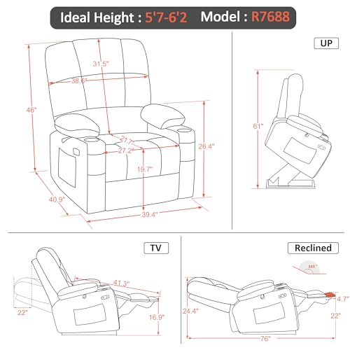 MCombo Large Dual Motor Power Lift Recliner Chair for Elderly, Massage and Heat, Lay Flat, Zero Gravity, Home Button, USB Port, Fabric 7680 (Large, Beige)
