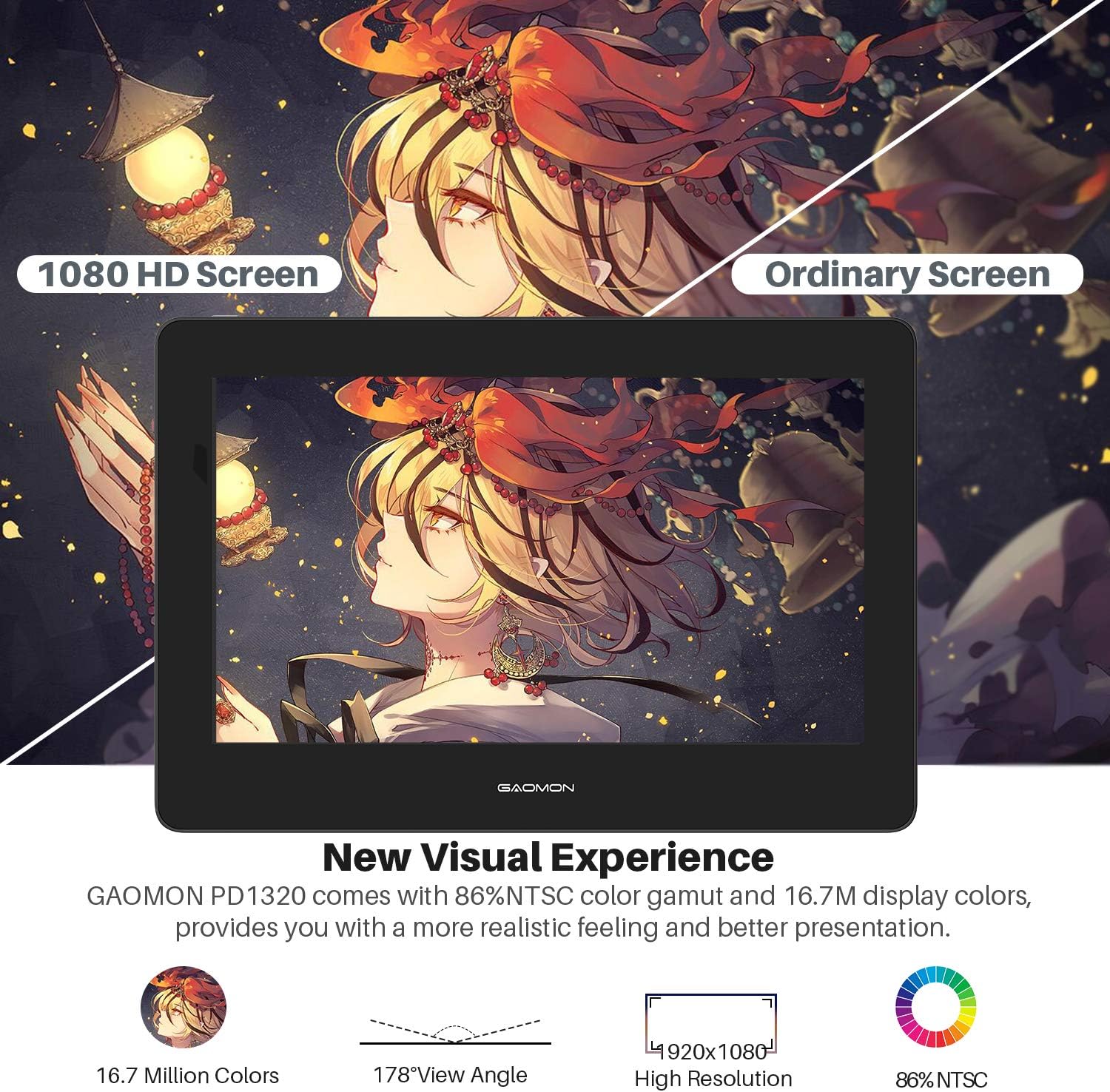 GAOMON PD1320 13.3 Inches Tilt Support Graphics Drawing Tablet with 86% NTSC Full-Laminated IPS Screen Pen Display-Gray