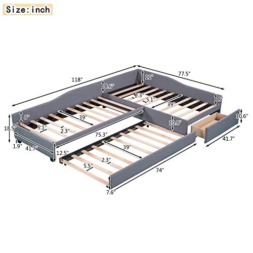 SOFTSEA Upholstered Double Twin Size Daybed with Trundle and Drawer, Twin Size Double Beds Corner Bed, 3 Beds in 1, Gray
