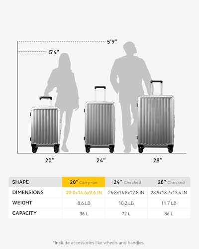 LUGGEX Aluminum Frame Luggage with Spinner Wheels, Zipperless Polycarbonate Hard Shell Carry On Luggage, 20 Inch Suitcases, Charcoal Metallic