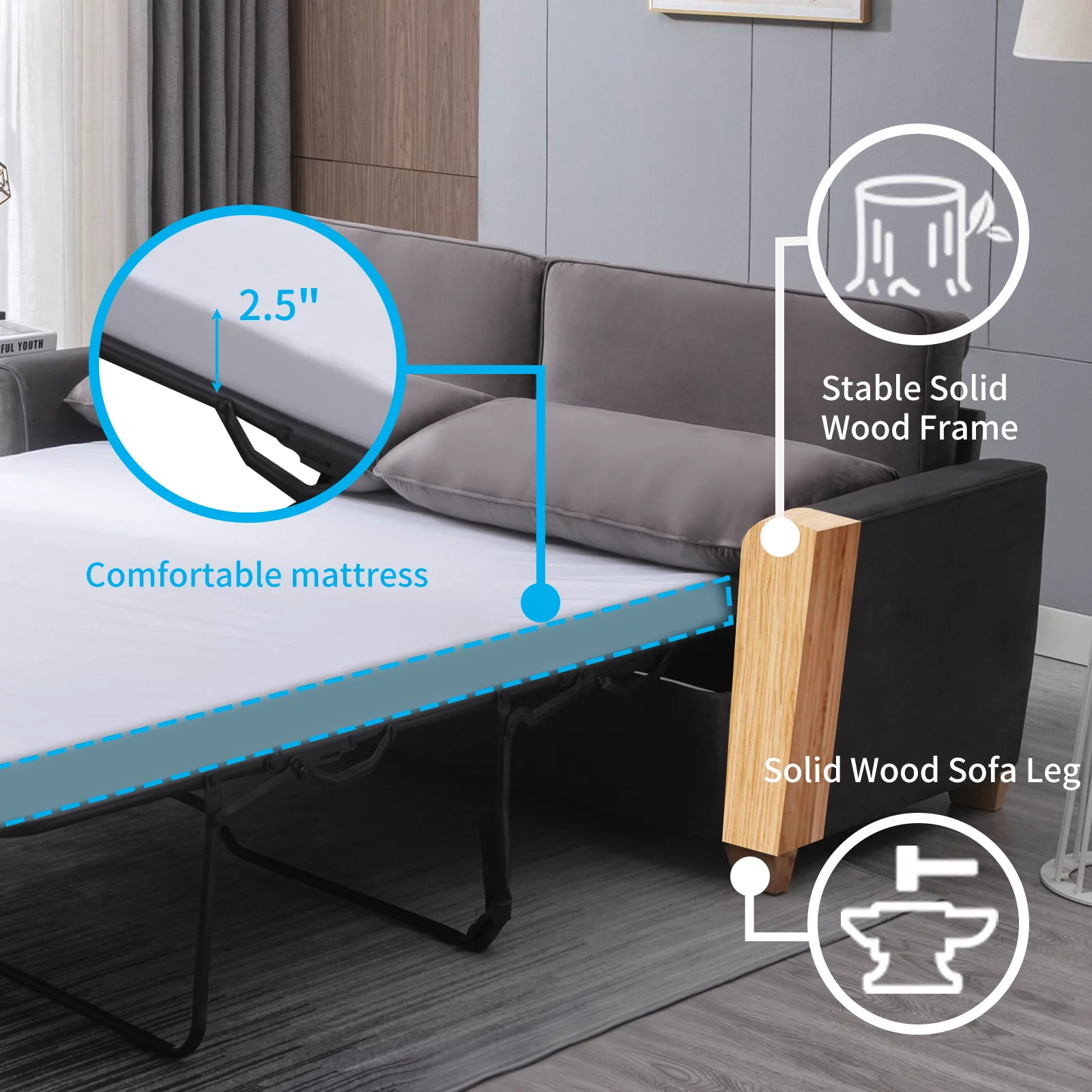 Mjkone Pull Out Sofa Bed, Sleeper Sofa Bed with Memory Foam Mattress, 2-in-1 Pull Out Couch Bed Suitable for Friends to Stay Temporarily, Loveseat Sleeper for Apartment/Small Spaces (Queen, Dark Grey)