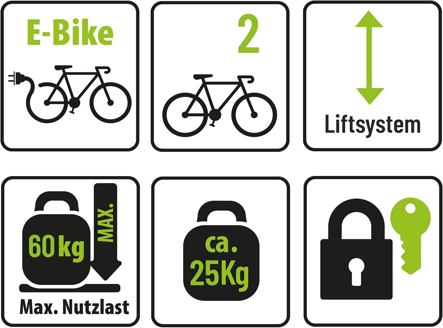 EUFAB 11554 Bicycle Carrier Bike Lift, Suitable for E-Bike, Fully Pre-Assembled, Electric Lower, Theft Protection, for 2 Bikes, for Towing Hitch, 2025 with Strap Frame Holders