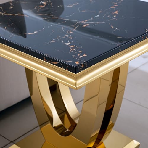 Modern Luxury Faux Marble End Table with Polished Silver Stainless Steel U Base Square White Marble Side Table Elegant Small Bedside Table for Living Room Bedroom Office