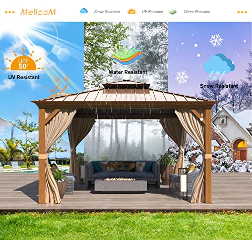 MELLCOM 12'x16' Hardtop Gazebo, Galvanized Steel Metal Double Roof Canopy with Curtains and Netting, Brown Permanent Pavilion Gazebos with Aluminum Frame for Garden, Patio, Lawns, Deck