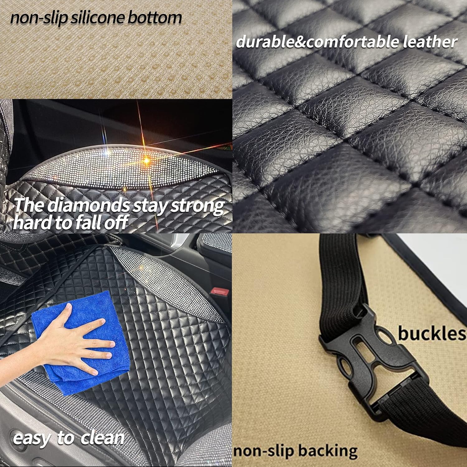 Lady Crystal 1 Pair Bling Front Leather Car Seat Covers, Luxury Car Protectors, Universal Anti-Slip&Sun-Resistant Driver Seat Cover with Backrest,Durable&Comfy