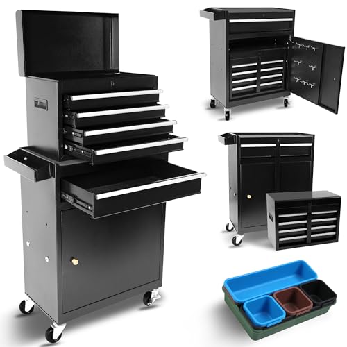 Rolling Tool Chest, 5-Drawer Rolling Tool Storage Cabinet with Detachable Top Tool Box, Liner, Universal Lockable Wheels, Adjustable Shelf, Locking Mechanism,Tool Cart for Garage Workshop