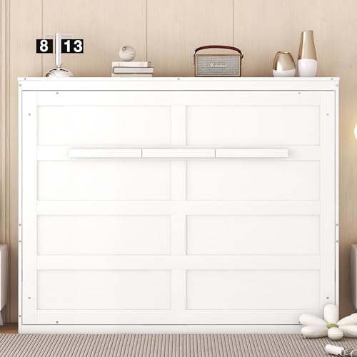 Queen Size Murphy Bed, Modern Queen Size Murphy Bed Frame, Solid Wood Foldable Platform Bed, Foldable Cube Cabinet Queen Platform Bed,Space-Saving Wall Bed for Guest Room or Home Office, White
